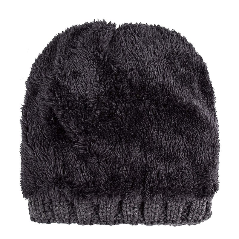 PAGE ONE Womens Winter Thick Cable Knit Beanie Faux Fur Pom Hat Fleece Lined Skull Cap Dark Gray - Image 4